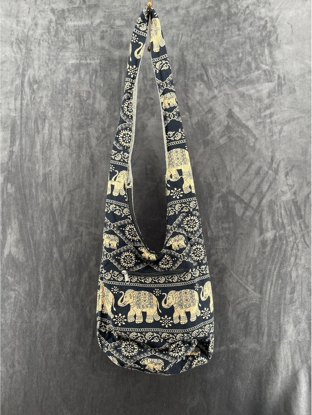 Boho Elephant Print Crossbody Sling Hobo Bag Cotton Black Beige Zip Pockets